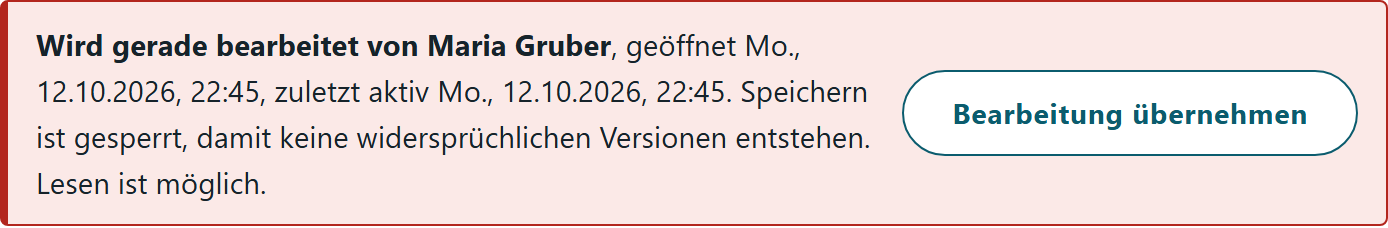 Hinweis: Wird gerade bearbeitet, mit Schaltfläche Bearbeitung übernehmen