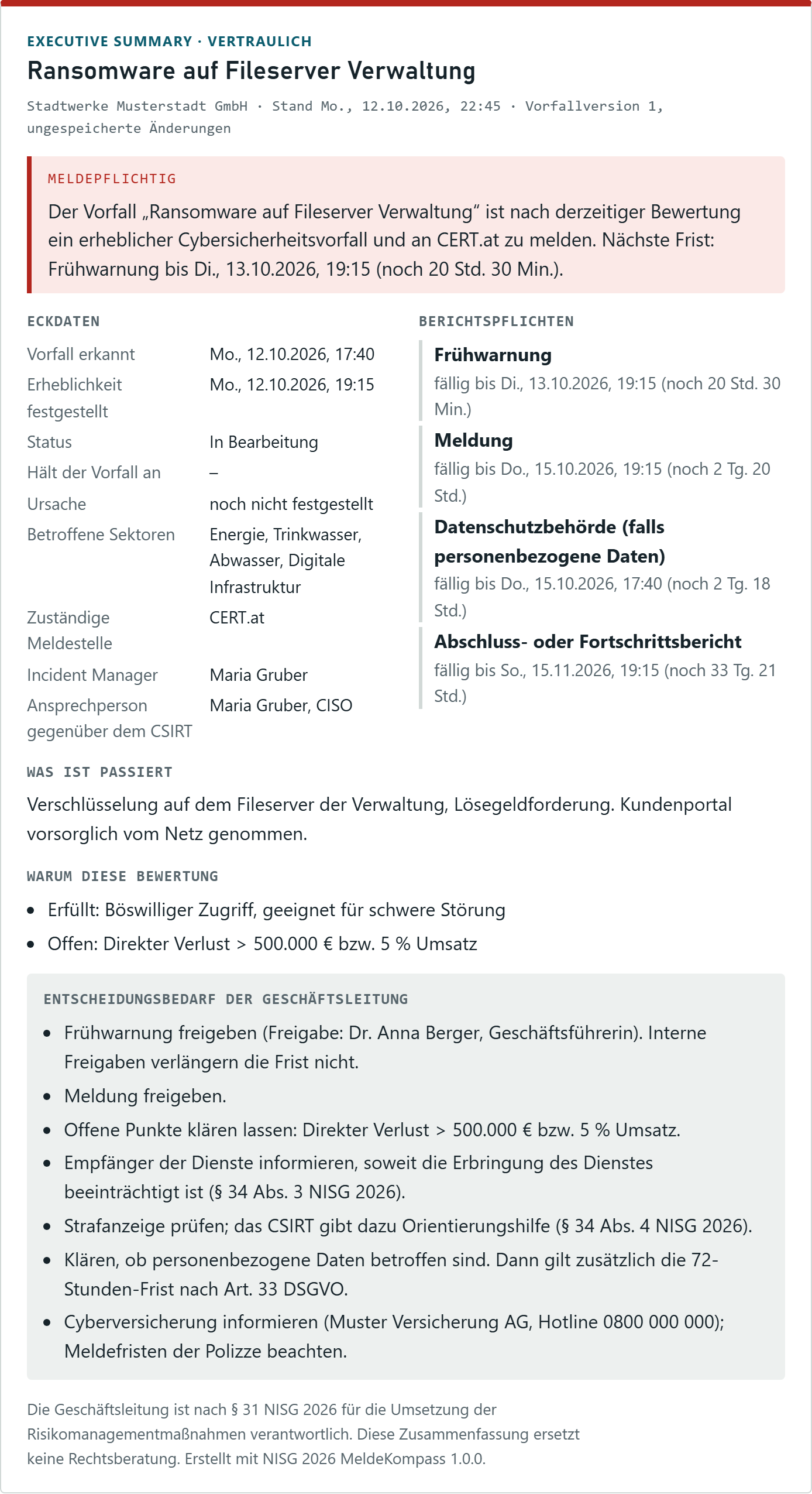 Executive Summary mit Bewertung meldepflichtig, Eckdaten und Berichtspflichten