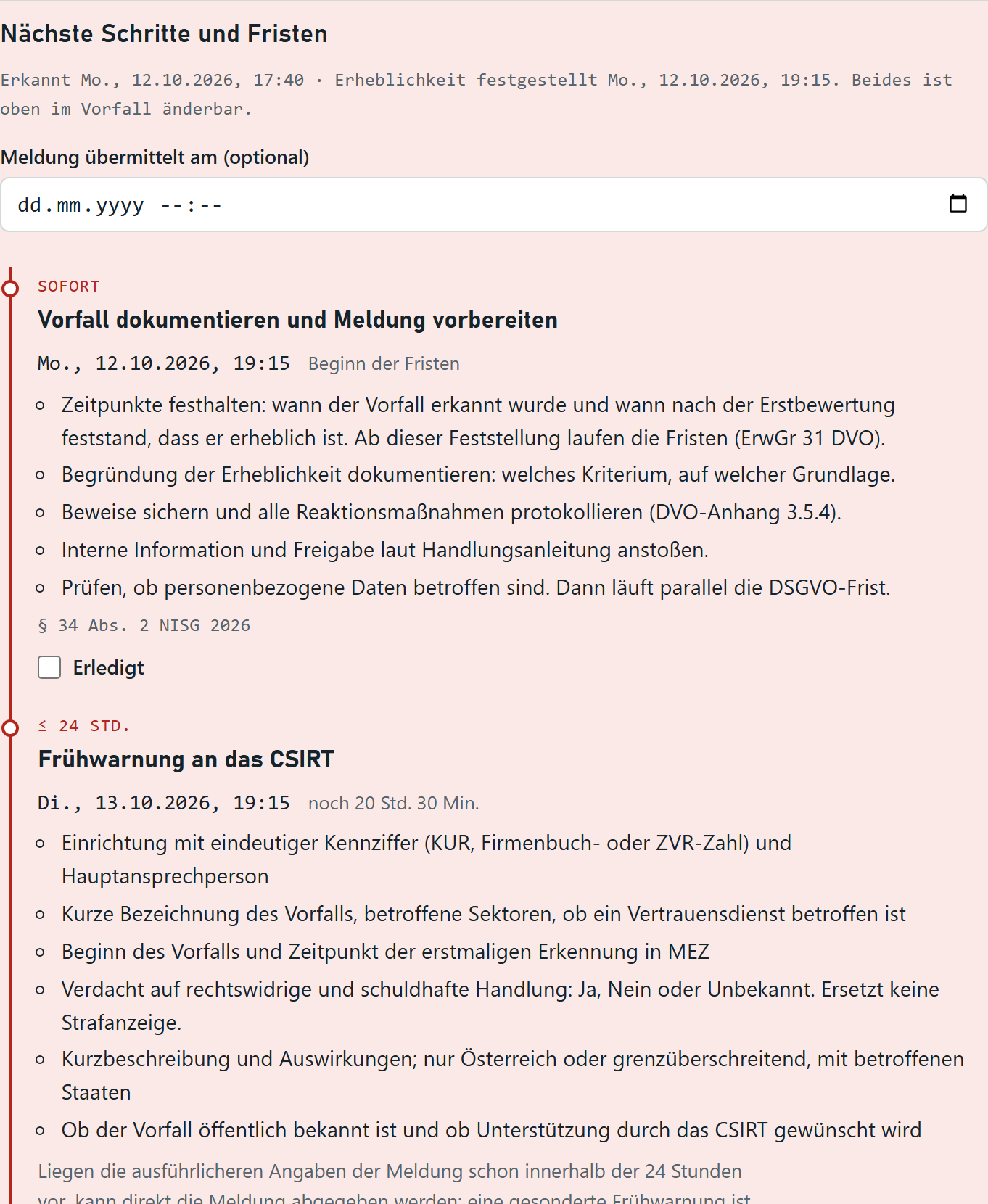 Fristenplan mit Frühwarnung und Meldung samt Countdown
