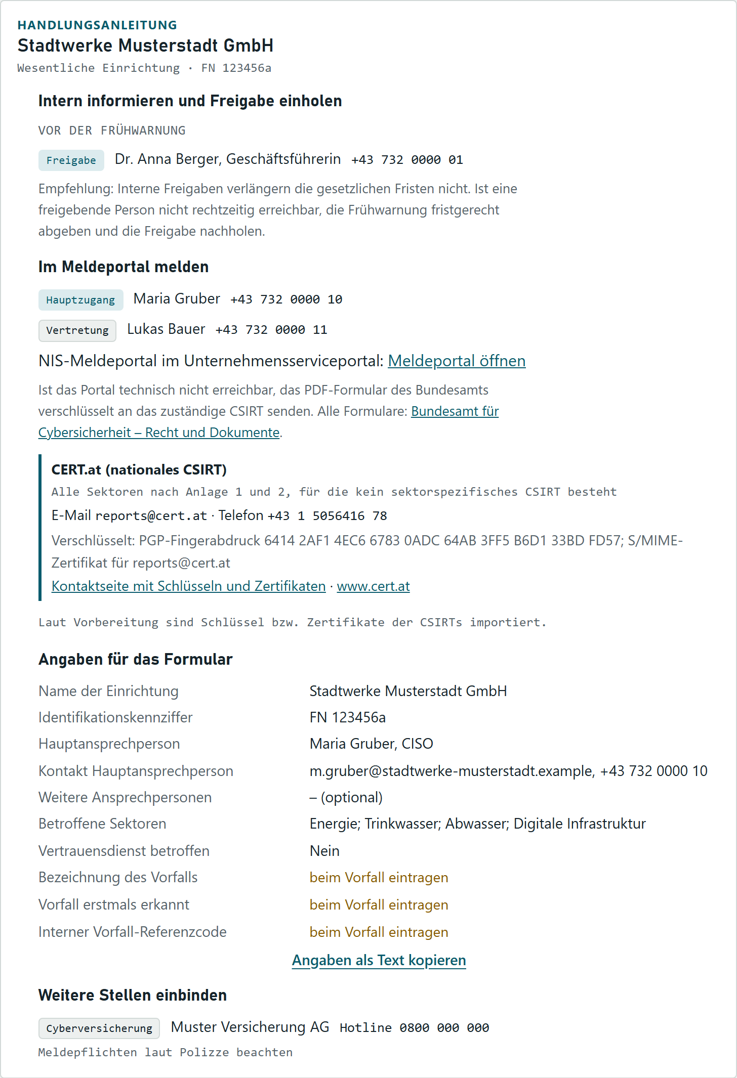 Handlungsanleitung mit Freigabe, Zugängen zum Meldeportal und Kontakt zu CERT.at