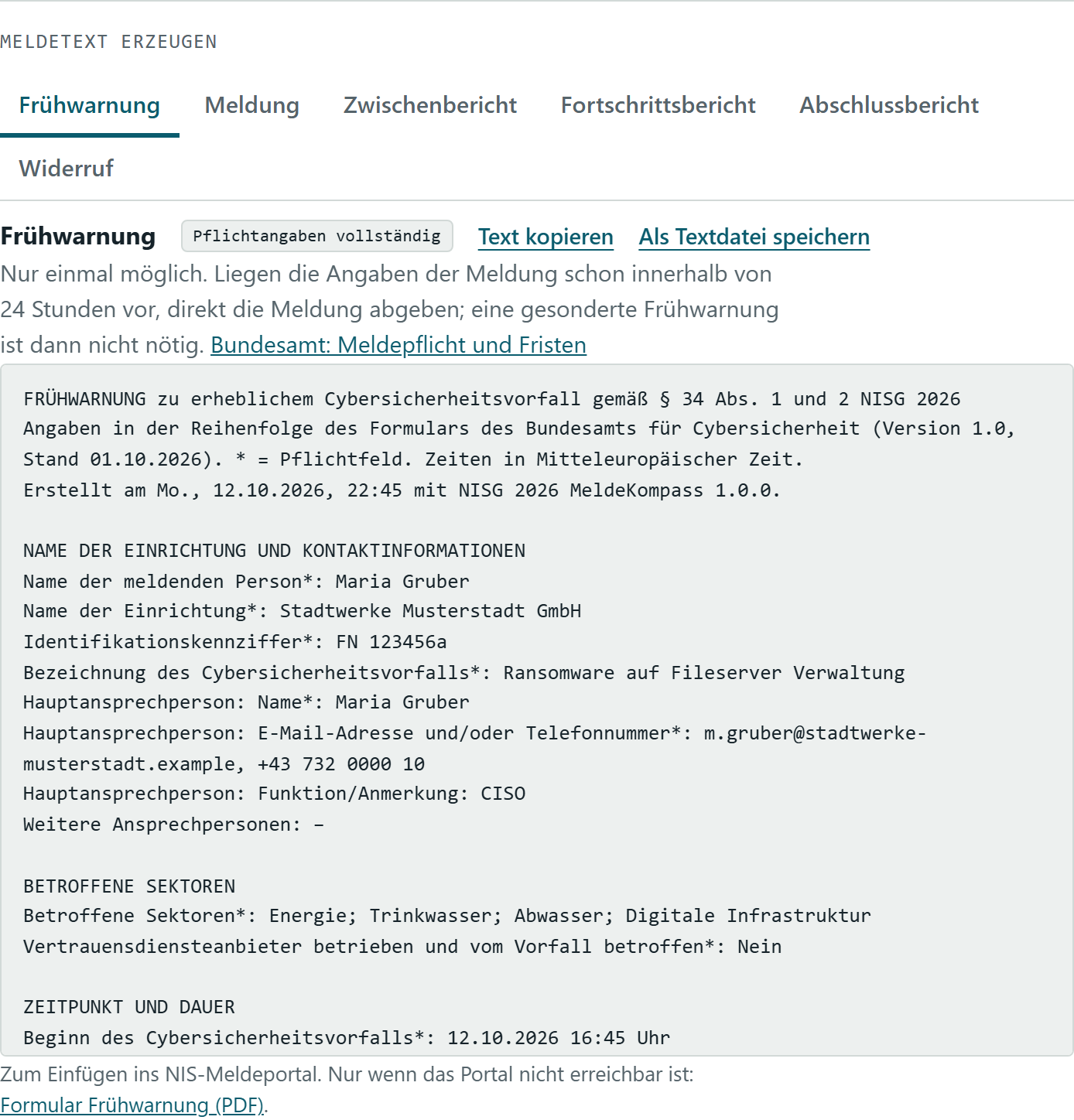 Erzeugter Meldetext für die Frühwarnung mit vollständigen Pflichtangaben