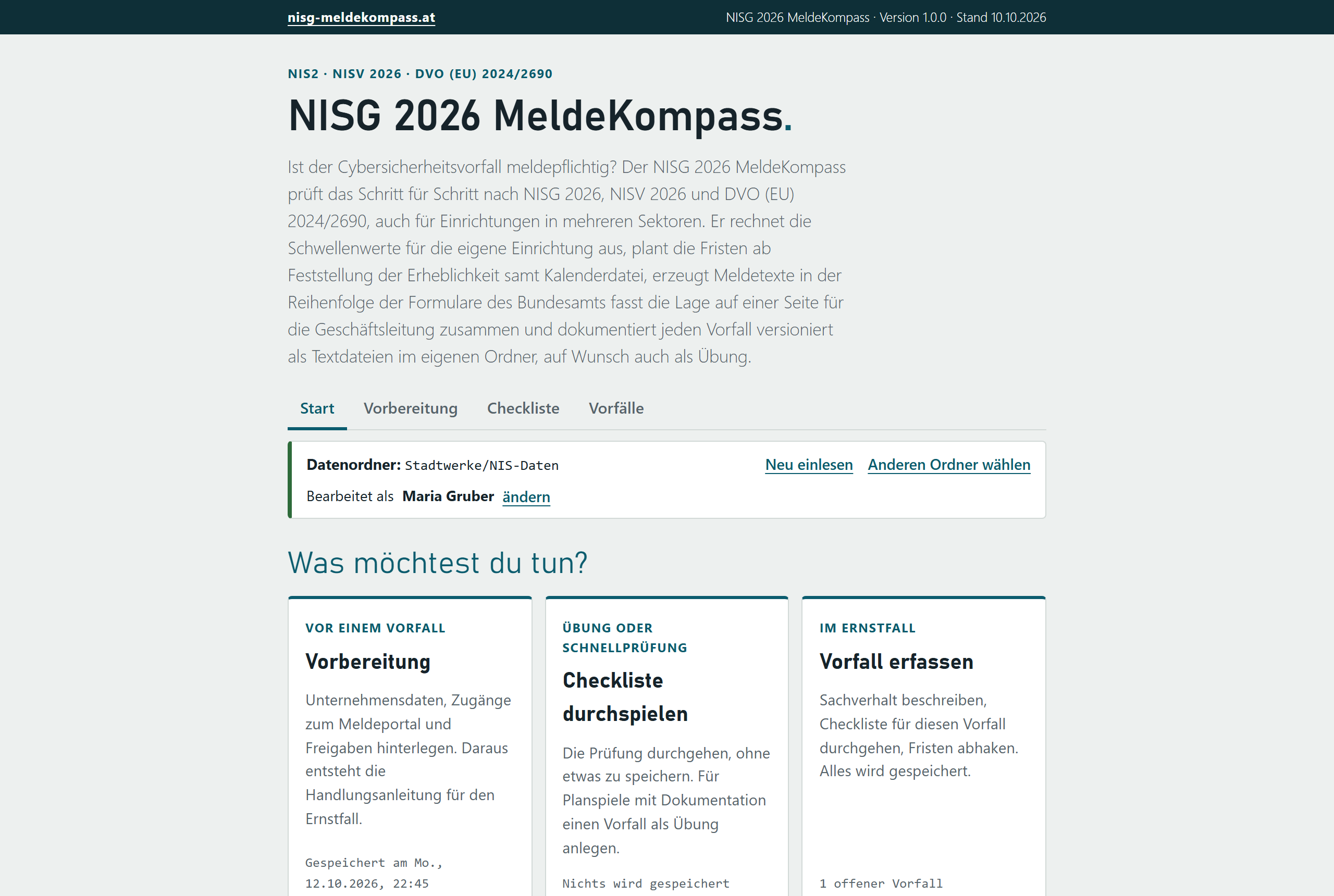 Startseite des NISG 2026 MeldeKompass mit den Bereichen Vorbereitung, Checkliste und Vorfälle