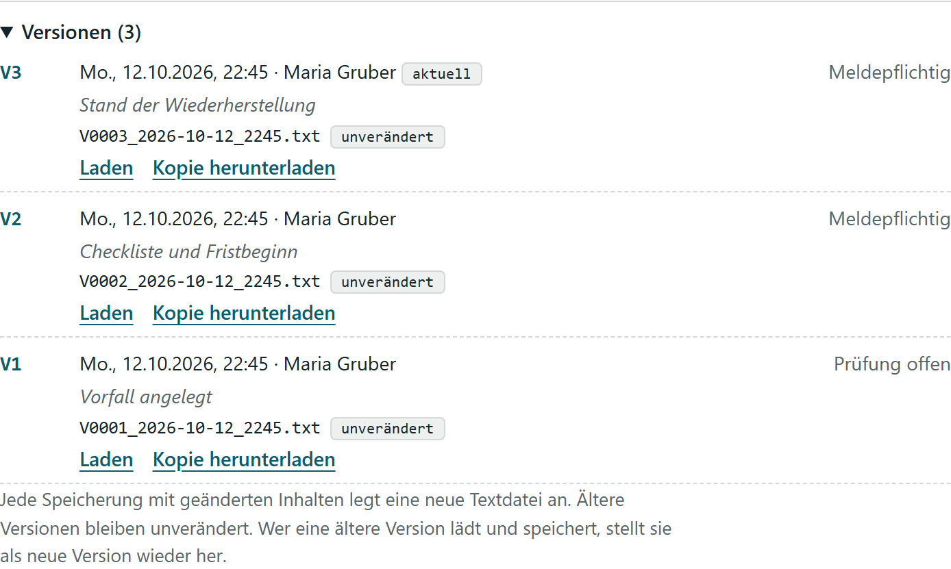 Versionsliste mit Zeitpunkt, Person und Prüfsummenstatus