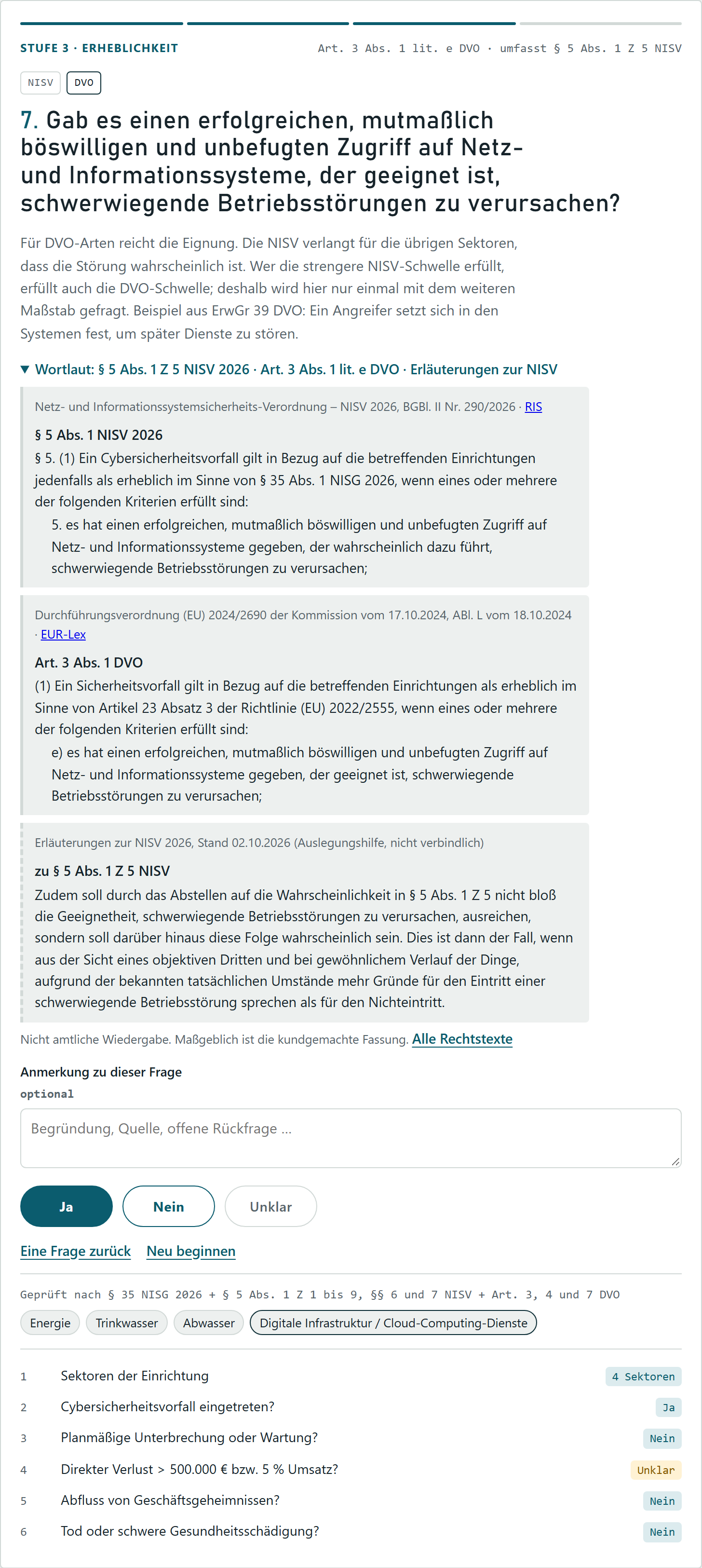Frage der Checkliste mit aufgeklapptem Wortlaut aus NISV 2026, DVO und den Erläuterungen zur NISV